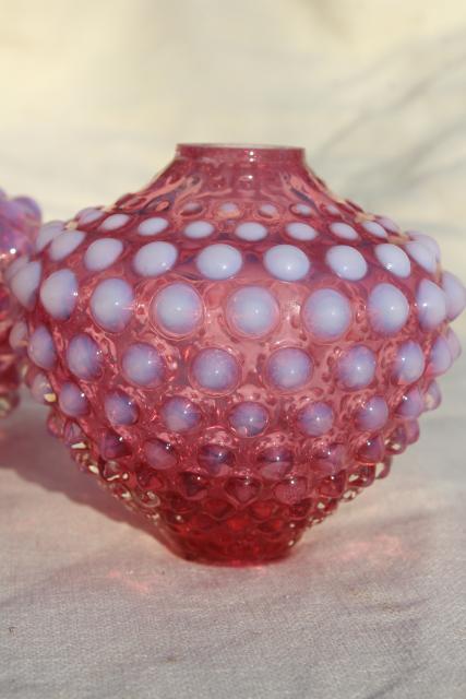 photo of vintage Fenton hobnail cranberry opalescent glass lamps font shape lamp base pair #3