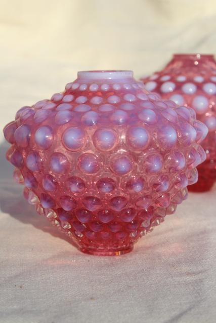 photo of vintage Fenton hobnail cranberry opalescent glass lamps font shape lamp base pair #4