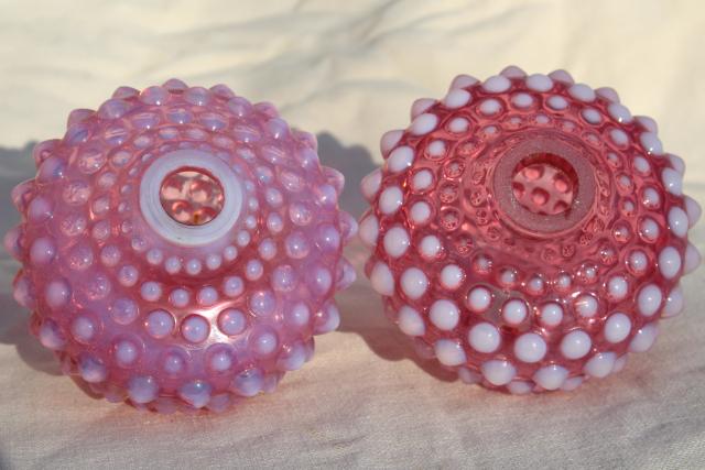 photo of vintage Fenton hobnail cranberry opalescent glass lamps font shape lamp base pair #5