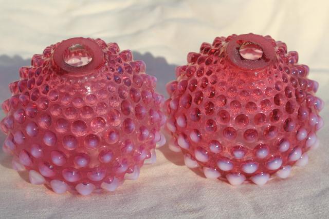 photo of vintage Fenton hobnail cranberry opalescent glass lamps font shape lamp base pair #6