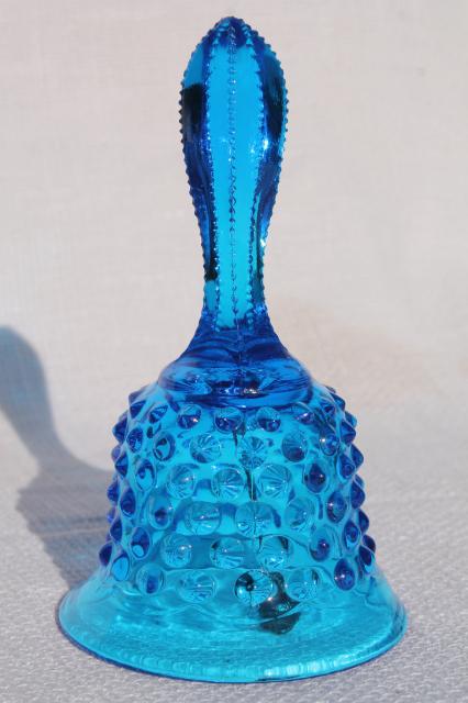 photo of vintage Fenton hobnail glass bell, bright colonial blue table service bell #1