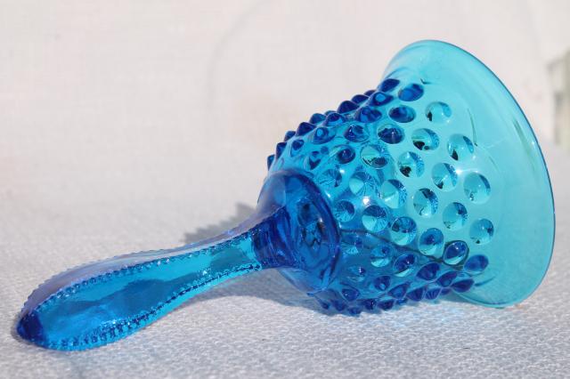 photo of vintage Fenton hobnail glass bell, bright colonial blue table service bell #2