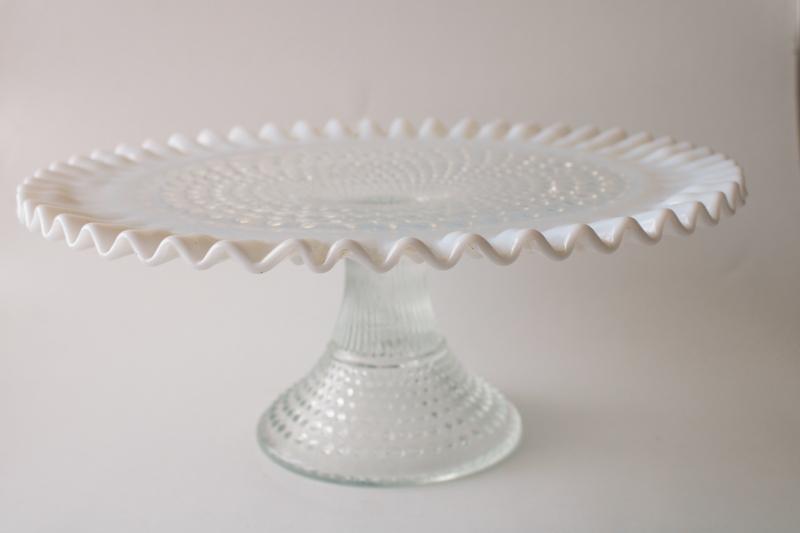 photo of vintage Fenton hobnail glass cake stand, french opalescent moonstone white  #1