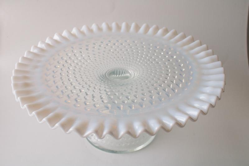 photo of vintage Fenton hobnail glass cake stand, french opalescent moonstone white  #2