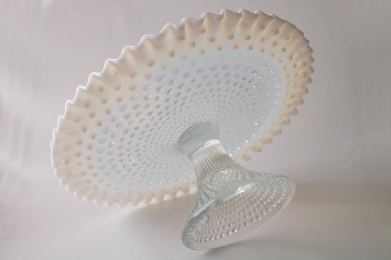 photo of vintage Fenton hobnail glass cake stand, french opalescent moonstone white  #3