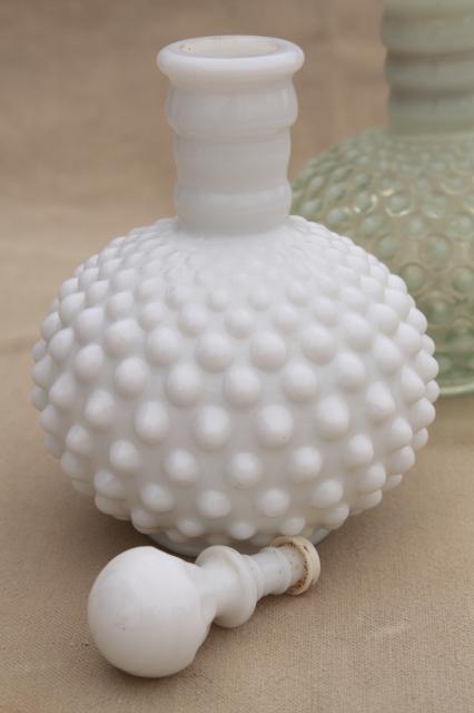 photo of vintage Fenton hobnail glass cologne bottles, milk glass & french opalescent moonstone glass #6