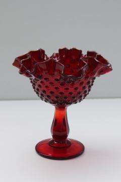 catalog photo of vintage Fenton hobnail glass compote candy dish, ruby red glass