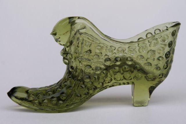 photo of vintage Fenton hobnail glass shoe, 60s cat head glass slipper in avocado green #2