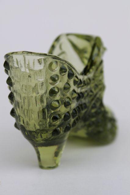 photo of vintage Fenton hobnail glass shoe, 60s cat head glass slipper in avocado green #3