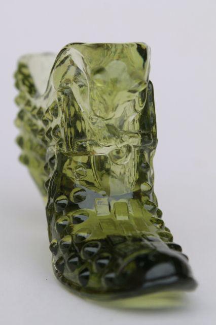 photo of vintage Fenton hobnail glass shoe, 60s cat head glass slipper in avocado green #5