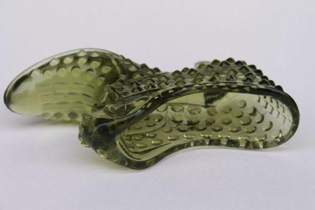 photo of vintage Fenton hobnail glass shoe, 60s cat head glass slipper in avocado green #6