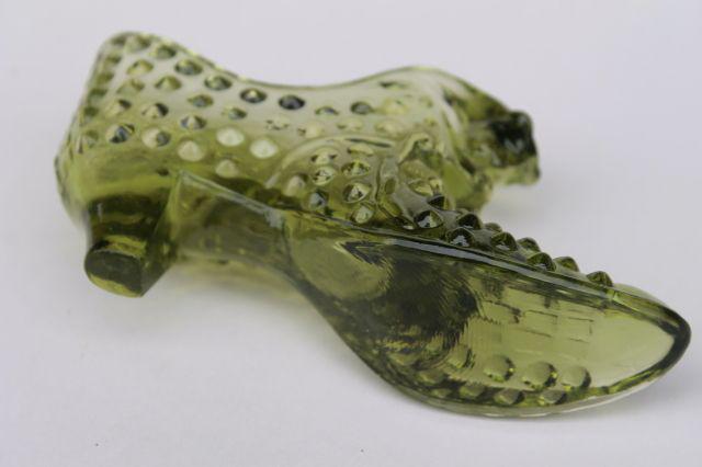 photo of vintage Fenton hobnail glass shoe, 60s cat head glass slipper in avocado green #7