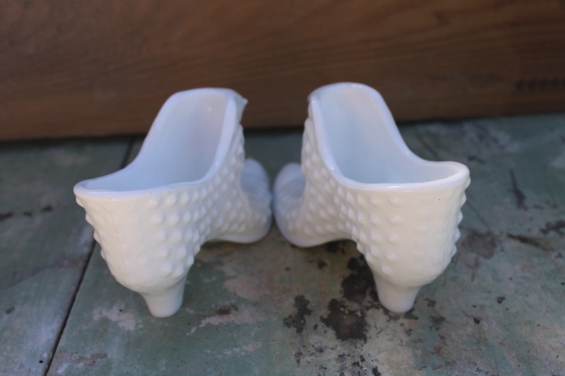 photo of vintage Fenton hobnail glass, white milk glass good witch shoes, pair of ladies slippers #3