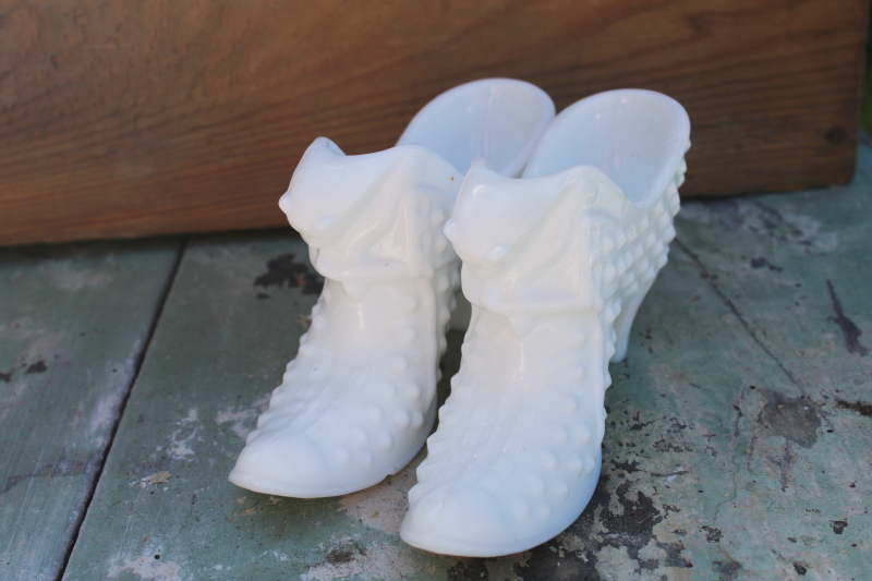 photo of vintage Fenton hobnail glass, white milk glass good witch shoes, pair of ladies slippers #4