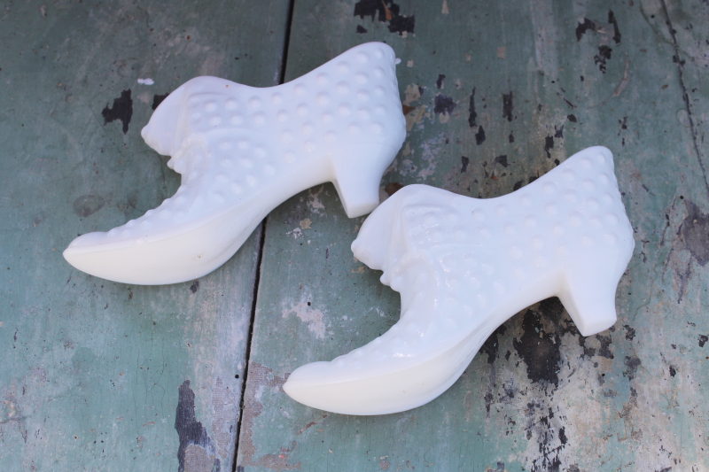 photo of vintage Fenton hobnail glass, white milk glass good witch shoes, pair of ladies slippers #5