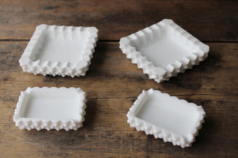 photo of vintage Fenton hobnail milk glass ashtrays lot, square & rectangular sets #1