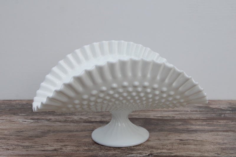 photo of vintage Fenton hobnail milk glass banana stand fruit bowl, large centerpiece for greenery #1