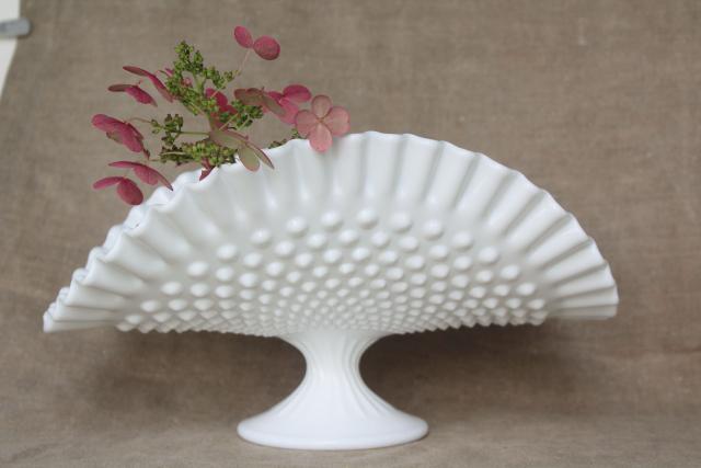 photo of vintage Fenton hobnail milk glass banana stand or fruit bowl, pretty for wedding flowers #3