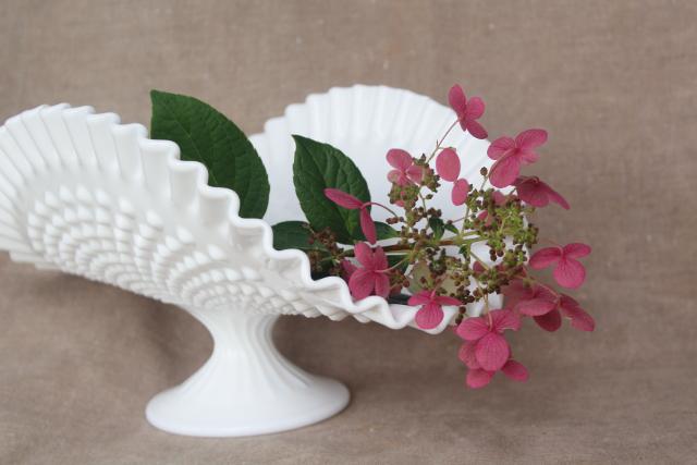 photo of vintage Fenton hobnail milk glass banana stand or fruit bowl, pretty for wedding flowers #6