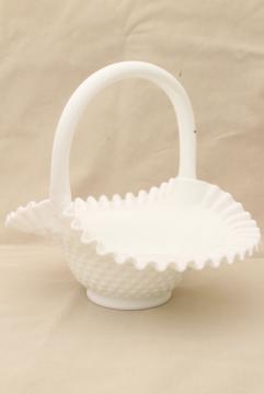 catalog photo of vintage Fenton hobnail milk glass basket, brides basket for flowers, centerpiece