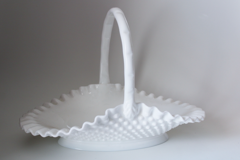 photo of vintage Fenton hobnail milk glass basket, large garden trug shape for flowers #1