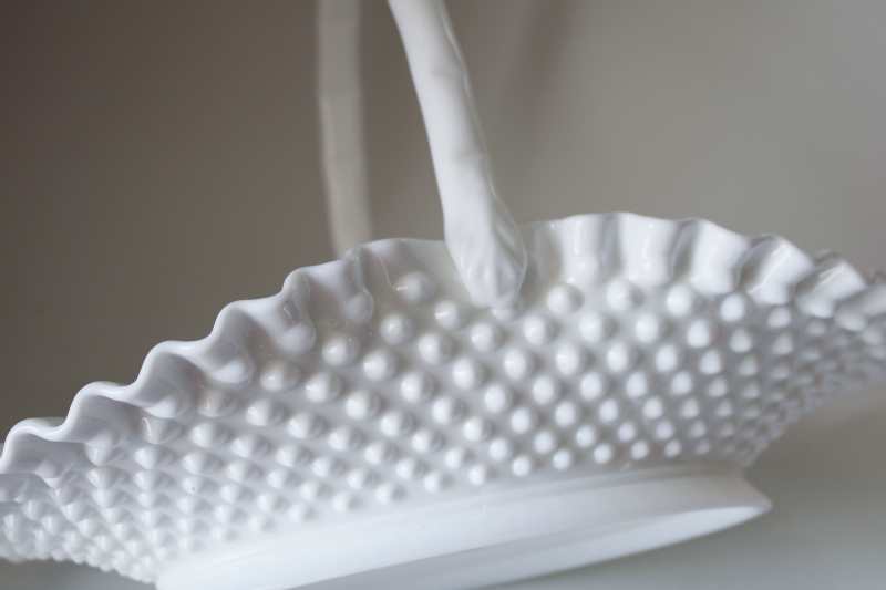 photo of vintage Fenton hobnail milk glass basket, large garden trug shape for flowers #3