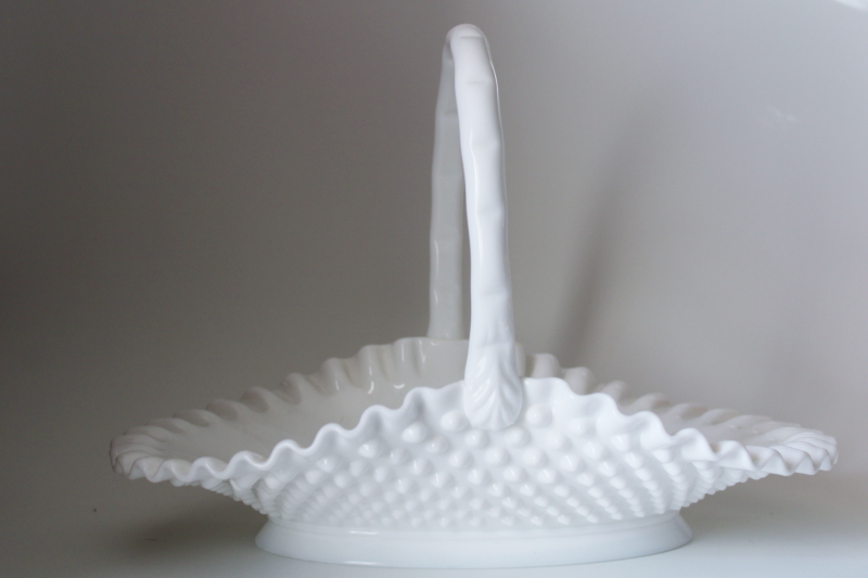 photo of vintage Fenton hobnail milk glass basket, large garden trug shape for flowers #4