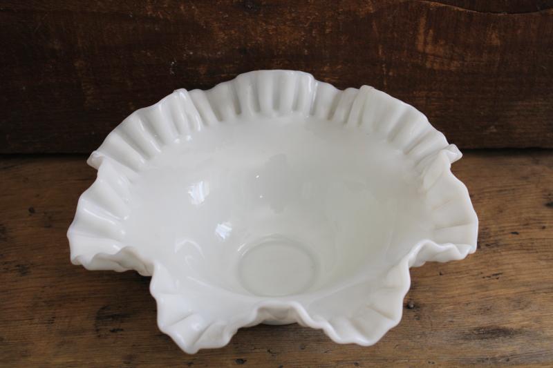 photo of vintage Fenton hobnail milk glass bowl, large centerpiece w/ crimped edge #2