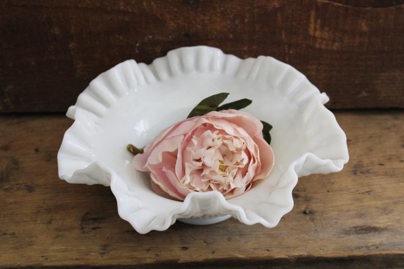 photo of vintage Fenton hobnail milk glass bowl, large centerpiece w/ crimped edge #5