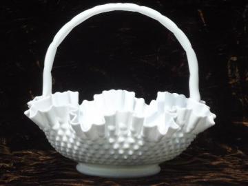 catalog photo of vintage Fenton hobnail milk glass brides basket, large flower basket centerpiece