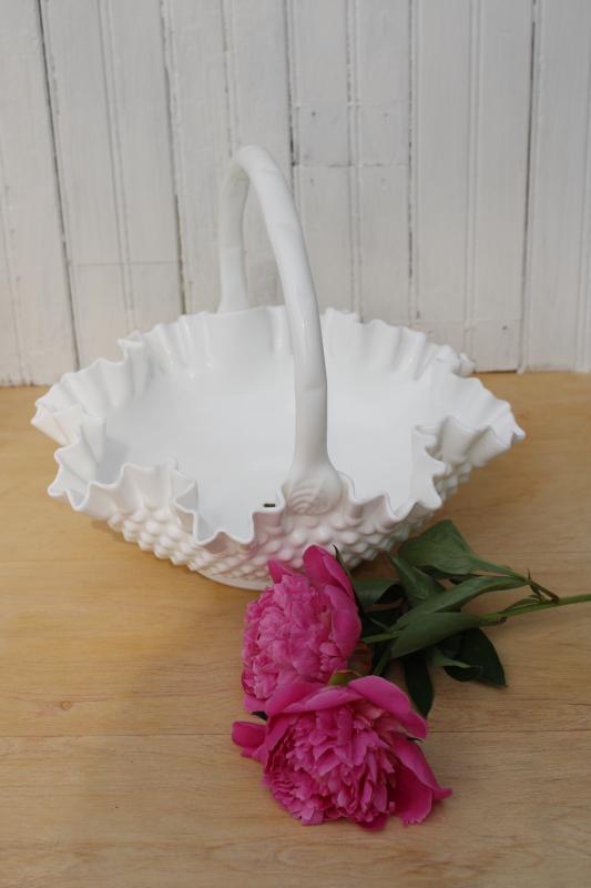 photo of vintage Fenton hobnail milk glass brides basket, large flower bowl centerpiece #1