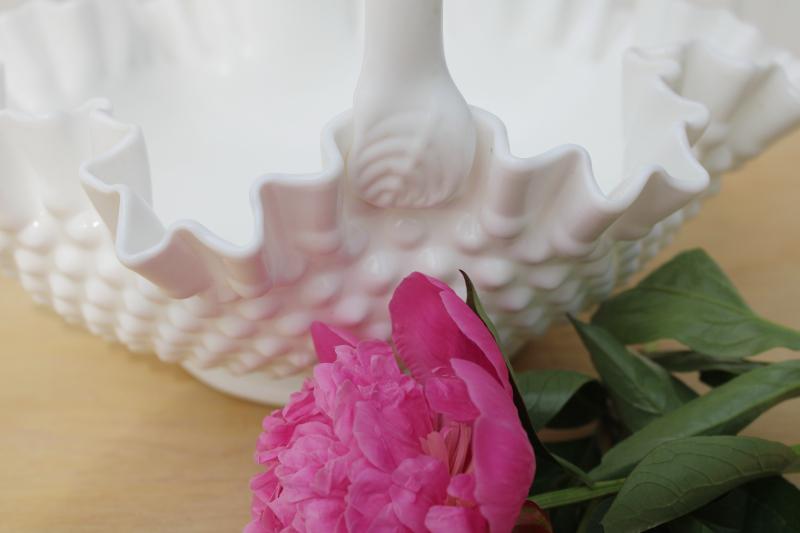 photo of vintage Fenton hobnail milk glass brides basket, large flower bowl centerpiece #3