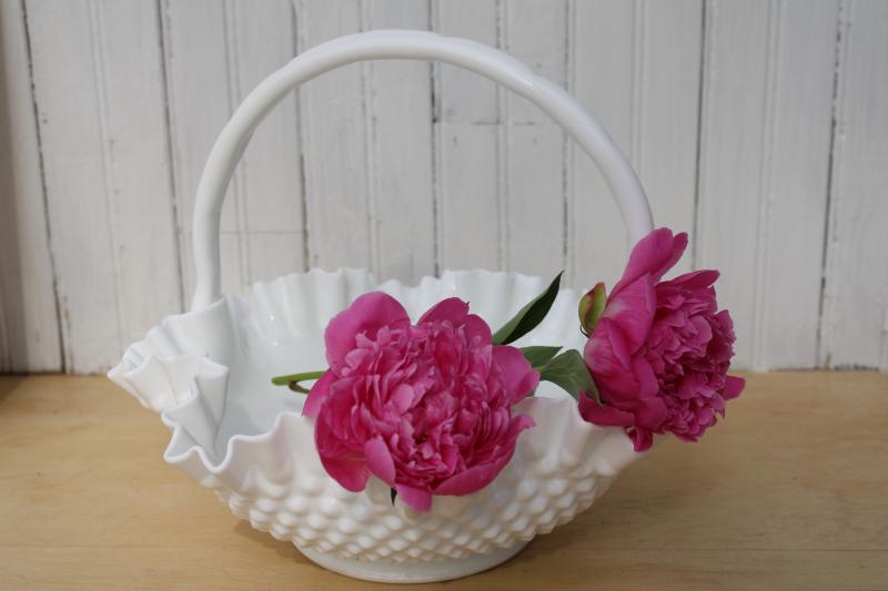 photo of vintage Fenton hobnail milk glass brides basket, large flower bowl centerpiece #4