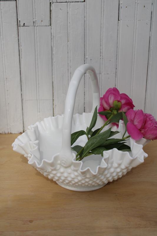 photo of vintage Fenton hobnail milk glass brides basket, large flower bowl centerpiece #5