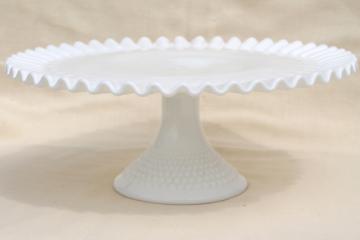catalog photo of vintage Fenton hobnail milk glass cake stand, crimped ruffle rim pedestal plate