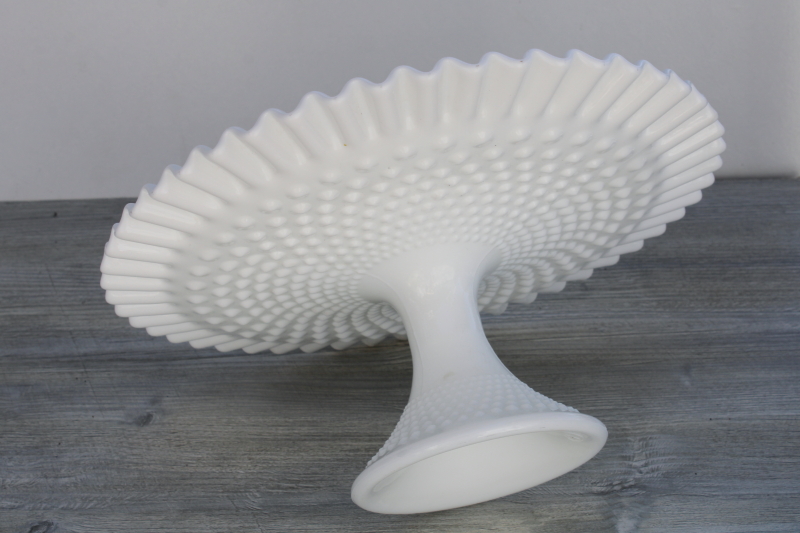 photo of vintage Fenton hobnail milk glass cake stand, large pedestal plate #1