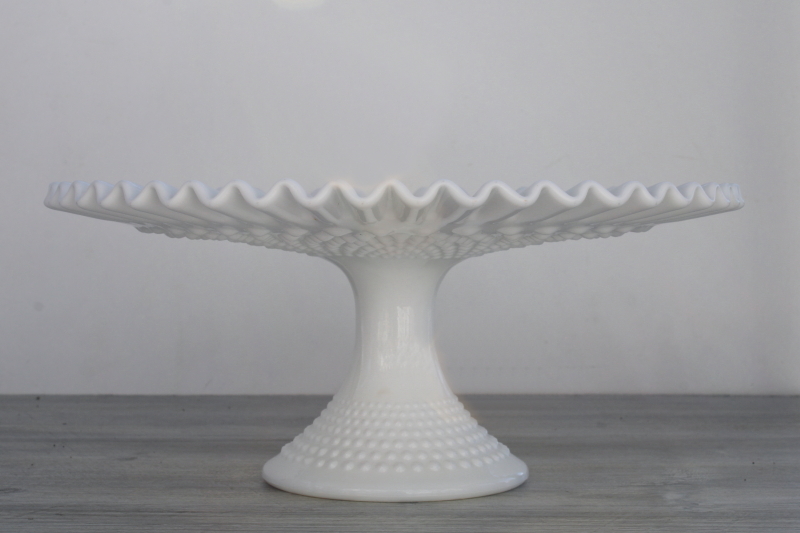 photo of vintage Fenton hobnail milk glass cake stand, large pedestal plate #2