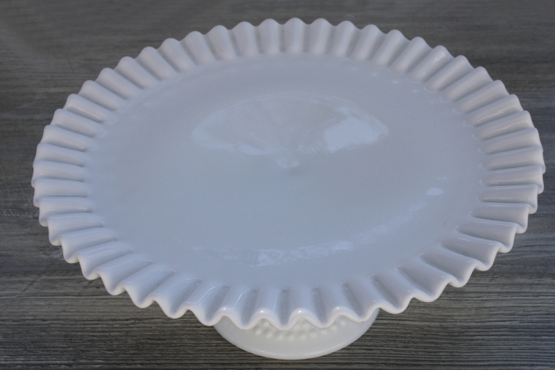 photo of vintage Fenton hobnail milk glass cake stand, large pedestal plate #3