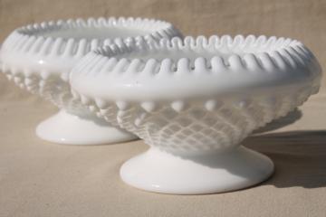 catalog photo of vintage Fenton hobnail milk glass candle holders, ivy bowl candlesticks to hold flowers