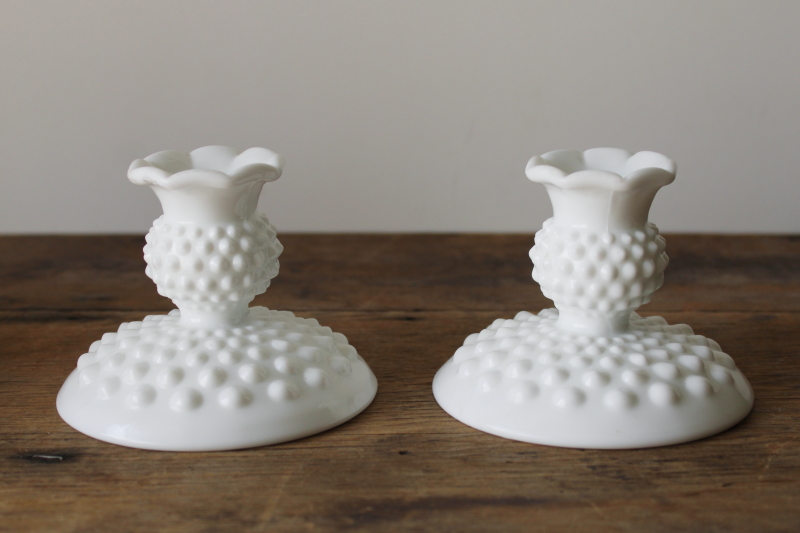 photo of vintage Fenton hobnail milk glass candle holders, pair of low candlesticks  #1