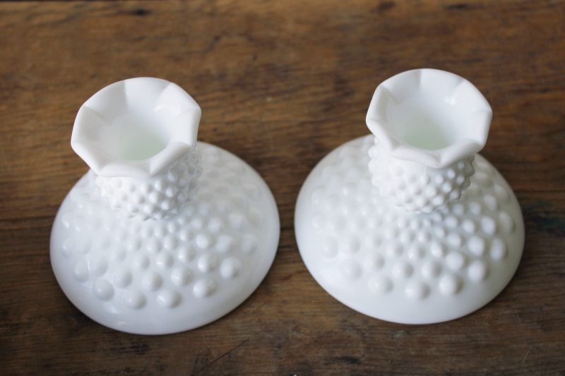 photo of vintage Fenton hobnail milk glass candle holders, pair of low candlesticks  #2