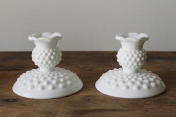 catalog photo of vintage Fenton hobnail milk glass candle holders, pair of low candlesticks 