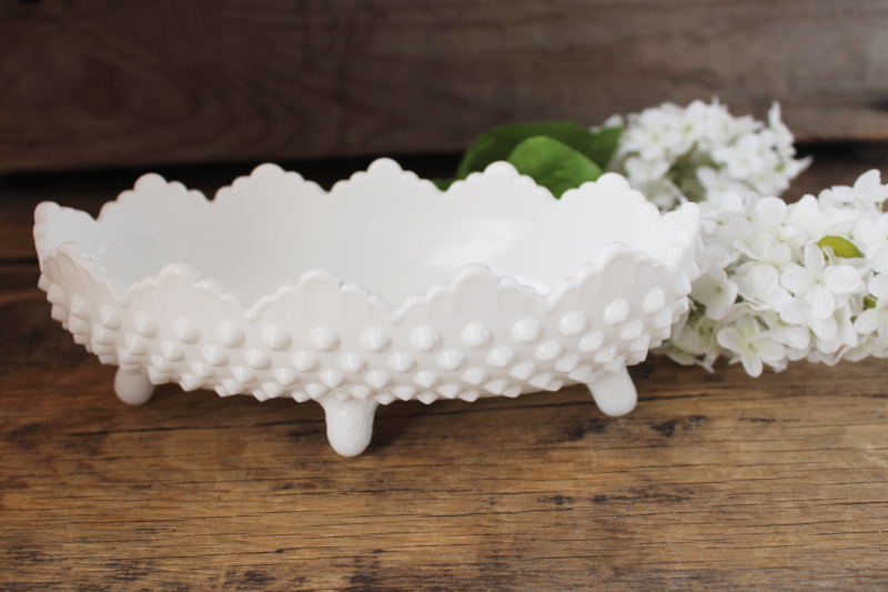 photo of vintage Fenton hobnail milk glass candy dish, four toed oval bowl w/ tiny feet #1