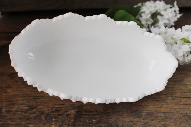 photo of vintage Fenton hobnail milk glass candy dish, four toed oval bowl w/ tiny feet #2