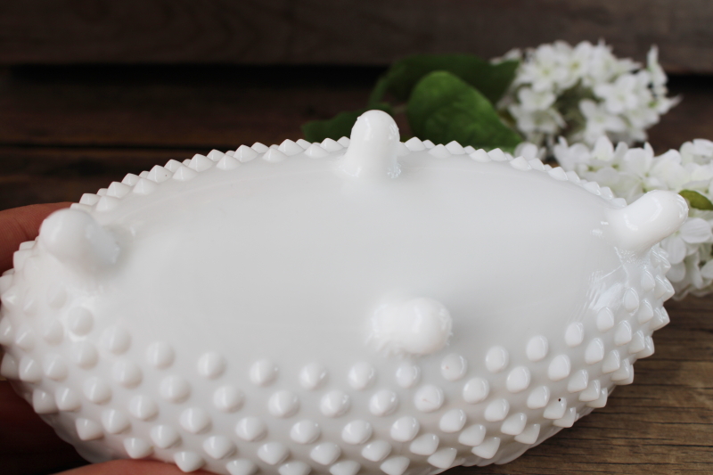 photo of vintage Fenton hobnail milk glass candy dish, four toed oval bowl w/ tiny feet #3