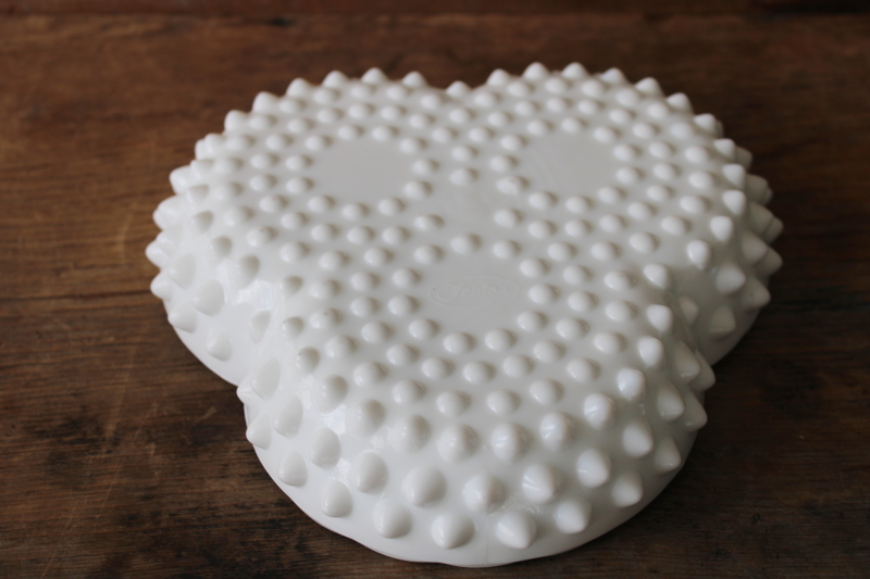 photo of vintage Fenton hobnail milk glass candy dish or relish tray, three part clover shape  #3