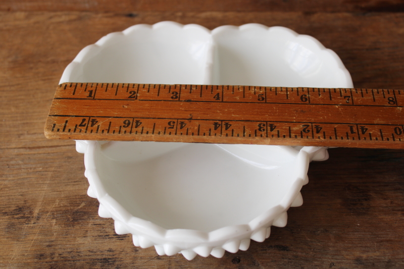 photo of vintage Fenton hobnail milk glass candy dish or relish tray, three part clover shape  #5