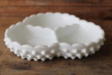 catalog photo of vintage Fenton hobnail milk glass candy dish or relish tray, three part clover shape 