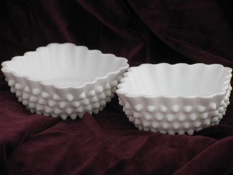 photo of vintage Fenton hobnail milk glass candy / pickle dishes, square bowls #1