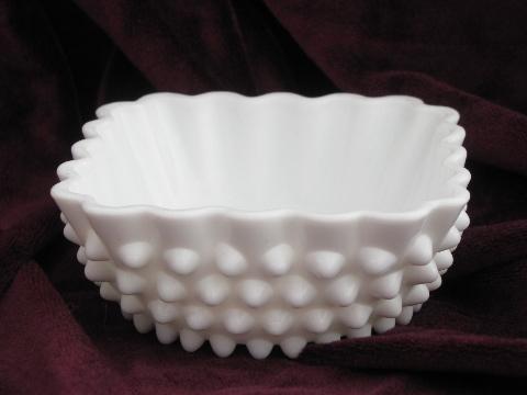 photo of vintage Fenton hobnail milk glass candy / pickle dishes, square bowls #2